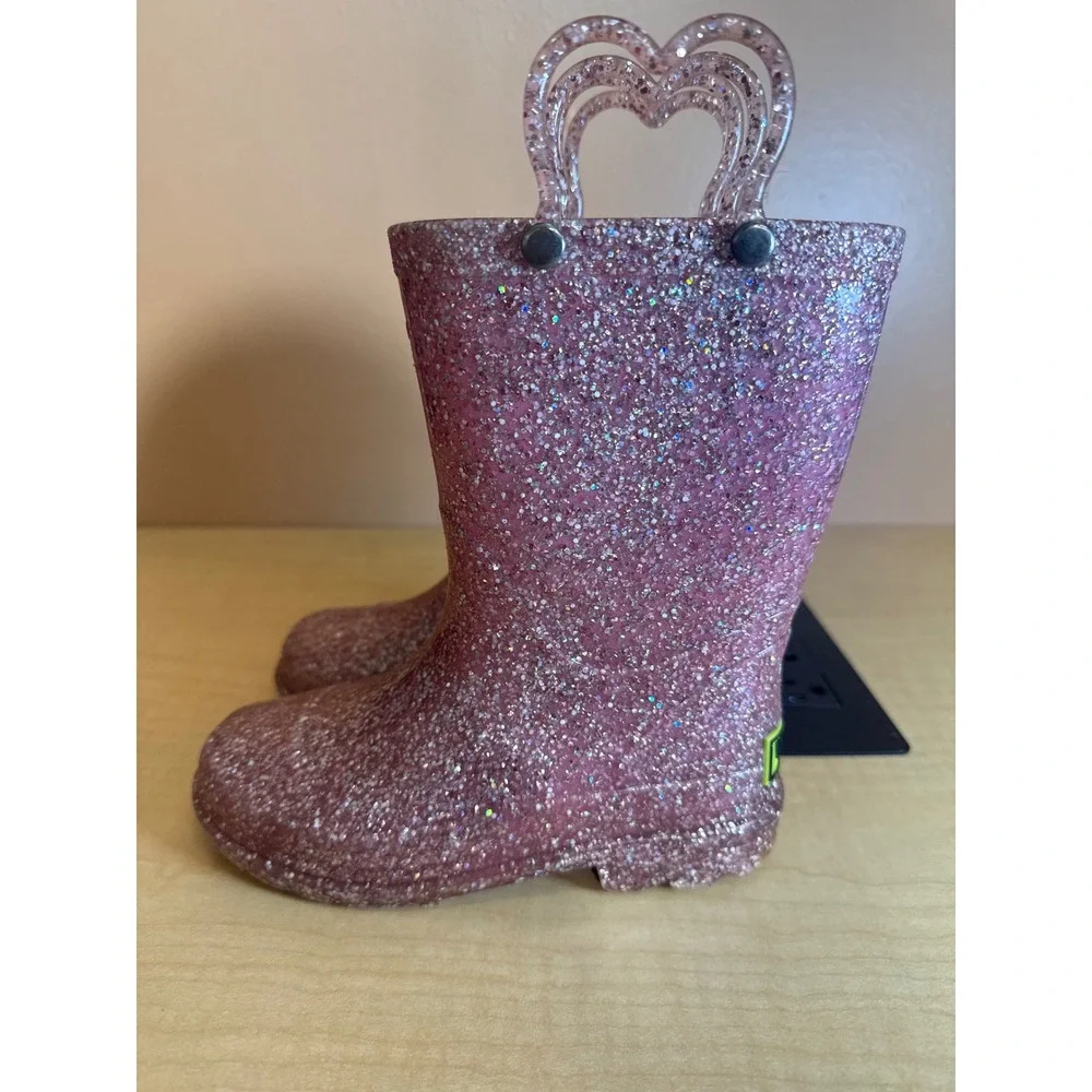 Western Chief Kids Pink Glitter Waterproof Rain Boots Heart Handles Size 10